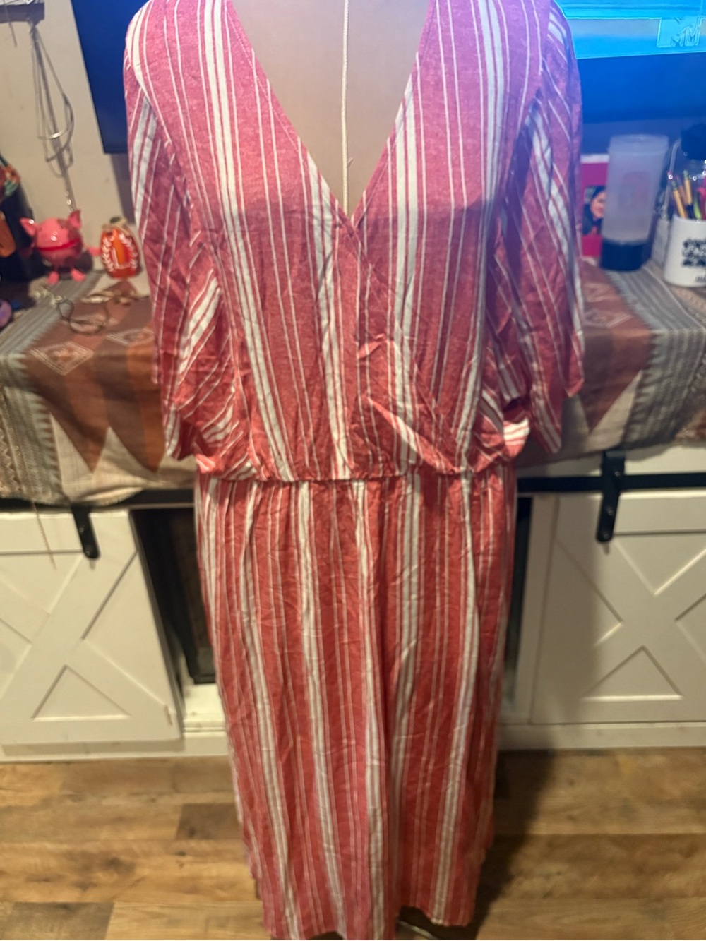 All in favor Striped Red and White V-Neck Maxi Dress